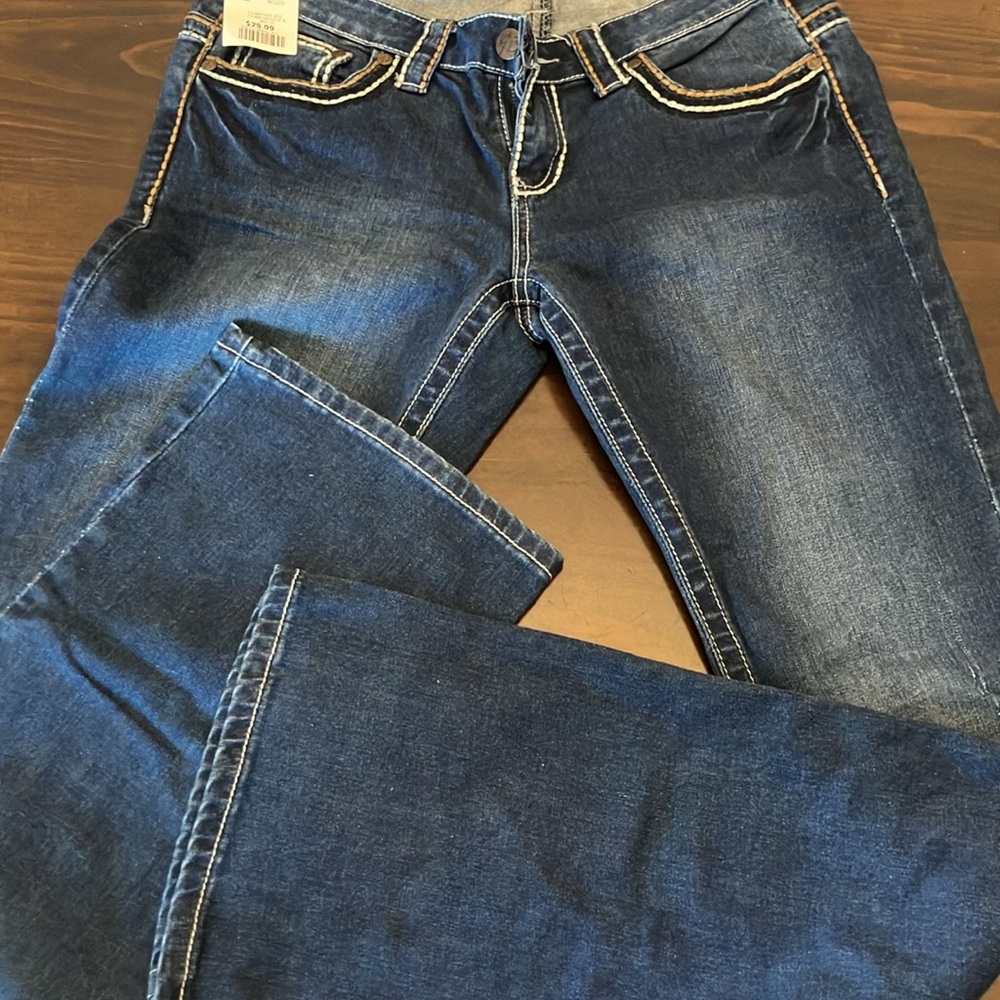 Blue Boot Cut Jeans with Subtle Fading and Contrast Stitching